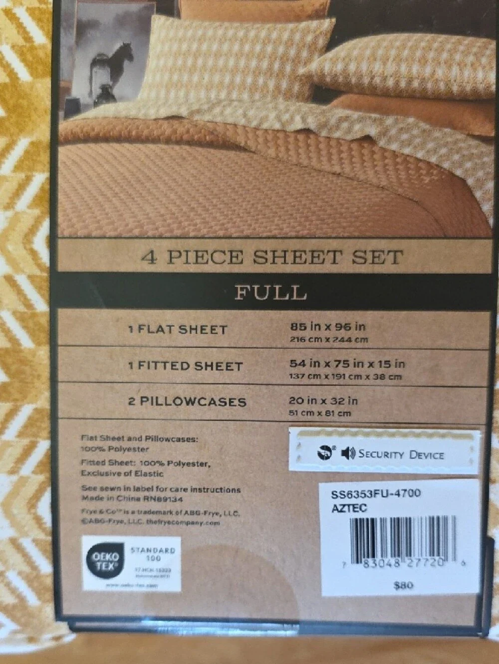 Frye and Co. NEW 4-piece Full Size Sheet Set Yellow White Geometric Aztec